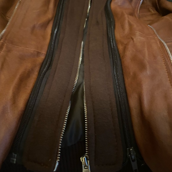 Women's Bomber Cognac Brown Leather Jacket with Removeable Hood - Picture 8 of 9